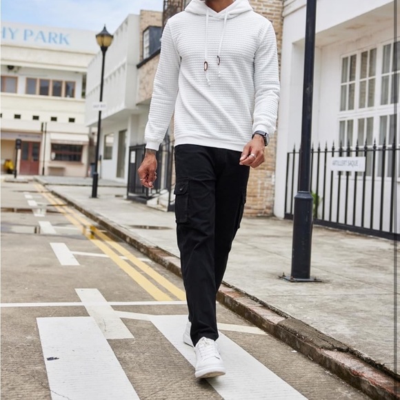 Men Hooded Sweatshirt Casual Long Sleeve Drawstring Waffle Knit Pullover Hoodies - Picture 2 of 10